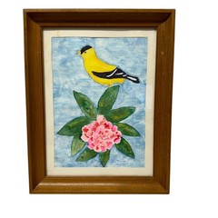 Vintage Wood Framed Watercolor Painting American Gold Finch Bird Framed Signed