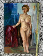 Handmade oil painting girl Ukrainian vintage 1960s Length 27inch Width19