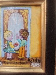 Vintage Mid Century V. Leroy Enamel On Copper Painting Framed Miniture Art 1960s