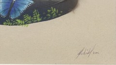 Matted and Signed Hand Painted Blue Butterfly with Leaves on Feather 2002 New!
