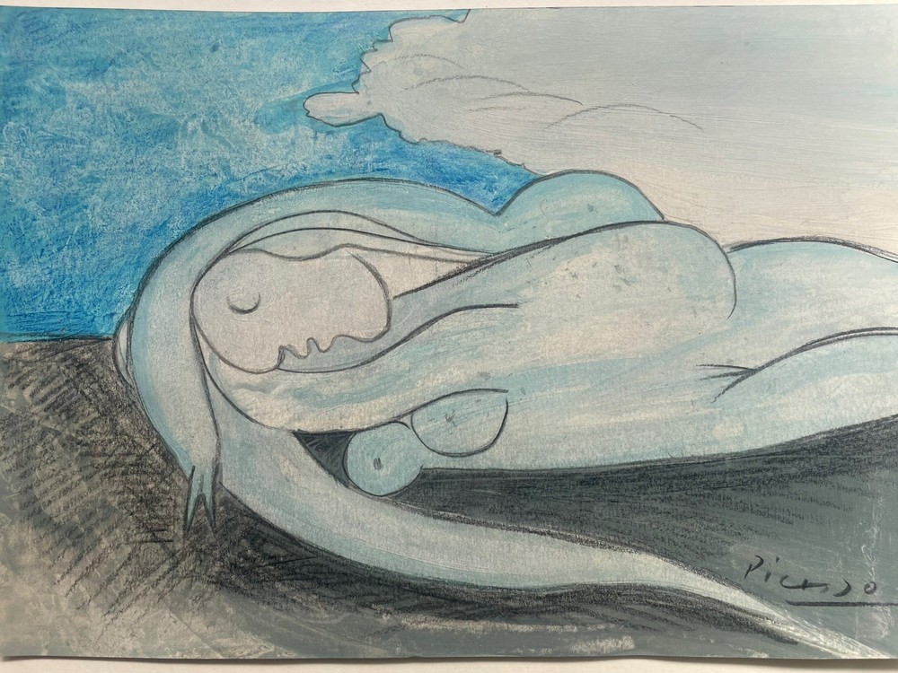 Picasso Pablo Original Painting Figure Nude Art Woman Reclining Blue Signed X22