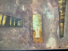OIL PAINTING MONOGRAM.MR DATED.1908 FEMALE FIGURE IN ABSTRACT COMPOSITION