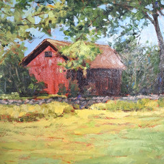 Red Barn Cabin Landscape Original Oil Painting Signed McMarshall On Board