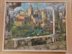 1950’s LRG Mid century Modern Abstract Cityscape Oil Painting Signed 35 x 29 in