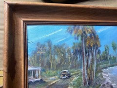Vintage „Car On Rural Coastal Road Scene“ – Oil Painting – Signed And Framed