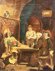 ANTQ 19th C Original Flemish Master Interior Tavern Scene Oil On Canvas, Framed!