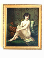 Original French Painting „Reclining Female Nude with Book“, oil on canvas