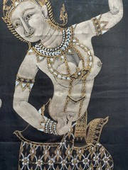 OLD INDIAN PAINTING ON FABRIC DANCING WOMEN INDIAN HALF ACT GOUACHE