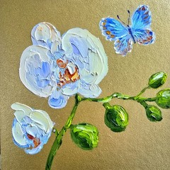 Orchids Flowers Butterfly Oil Painting 15x15cm Mother’s Day Painting on Painting Board