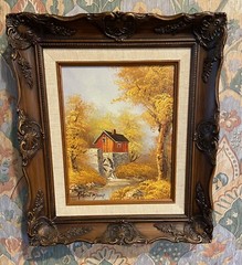 Robert Moore Paintings 13″ x 15″ Fall Scene at a Grist Mill on the Lake Stream
