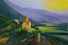 Old Church Original oil painting Sunset Mountain Landscape Country 16×24″