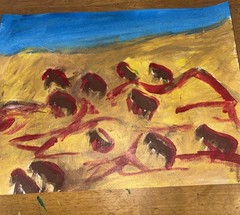 Original Abstract Figures Acrylic Painting on Paper, Red Brown, Blue Yellow
