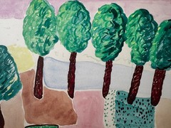 French 1940s Watercolor Gouache Painting Landscape Trees Farm 1947 12 x 19