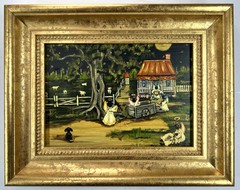 Mary Barwick Primitive Painting Alabama Angels Loading Wagons 7×9” Folk Art