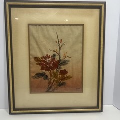 Vintage Painting On Silk Framed Flowers Botanical P CHAN