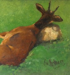 Christian Kröner „Killed Roebuck on Stone“ Oil on Canvas 31.5 x 20.5 cm