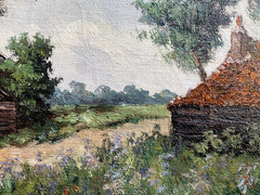 Oil painting farm estate rural antique illegible signed farm field