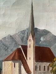 Oil Painting Burgmayr Church Alps Wiessee With Camping Berge Summit Antique Alm