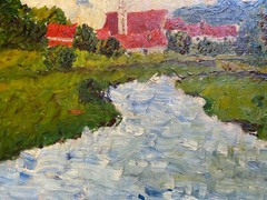 ::OIL PAINTING MONOGR.HS VILLAGE LANDSCAPE WITH CHURCH ON THE RIVER COUNTRY HOUSE STYLE