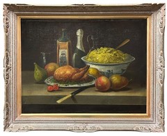 Original Antique Oil Canvas Painting Still Life with Fruit, Signed 19th Century