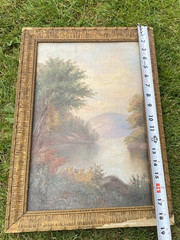 Antique Original Oil Painting Landscape Frame – Mountains, Trees