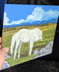 Horse pasture landscape acrylic painting blue sky white horse