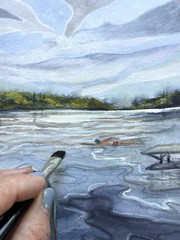 Original Watercolor Lake Landscape, Swimming Dock Painting, Summer Nature Art A4