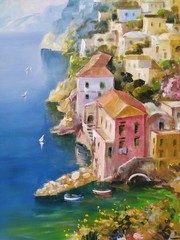 Amalfi Coast Landscape/Neapolitan Marine Scene/Original Oil Painting signed