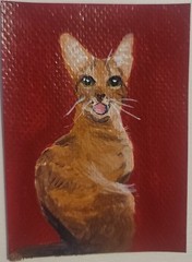 ACEO Original Abstract Animal Brown Tabby Cat Mini Art Painting Pet Animals