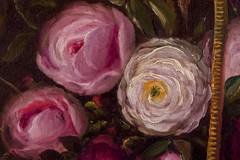Danish painter. Oil on canvas. Still life with roses in basket. Late 19th C