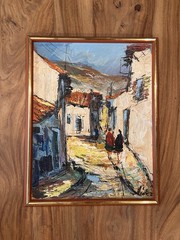 Original Oil on Board Signed Framed European Village Street Scene Impressionist