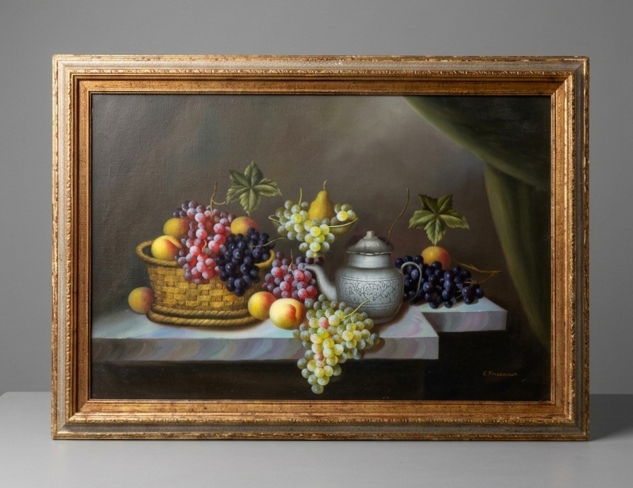 Old Master Style Original Fruits Still Life Oil Painting on Canvas Pewter Pitche