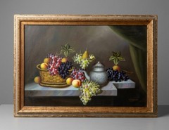 Old Master Style Original Fruits Still Life Oil Painting on Canvas Pewter Pitche