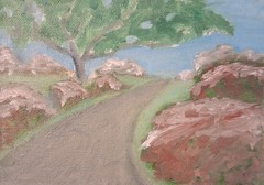 Landscape Painting 5×7 On Canvas Panel Floral Greenery Tree Pathway Oil Sketch