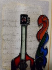 Hand made crafted painted guitar artwork drawing music notes Angela Burter