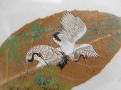 HAND PAINTED LEAF ~ PICTURE w WOODEN FRAME ~ asian artwork art Bird Stork Crane