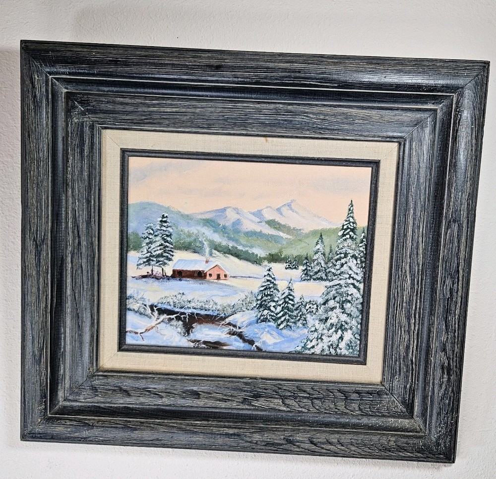 Vtg Framed Original Winter Landscape Painting Cabin in Snow Heritage GrandpaChic