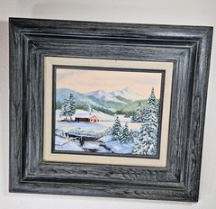Vtg Framed Original Winter Landscape Painting Cabin in Snow Heritage GrandpaChic