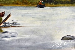 14″ Oil Painting Canvas Lea Mikel Fishermen Lake Forestscape Decor #80