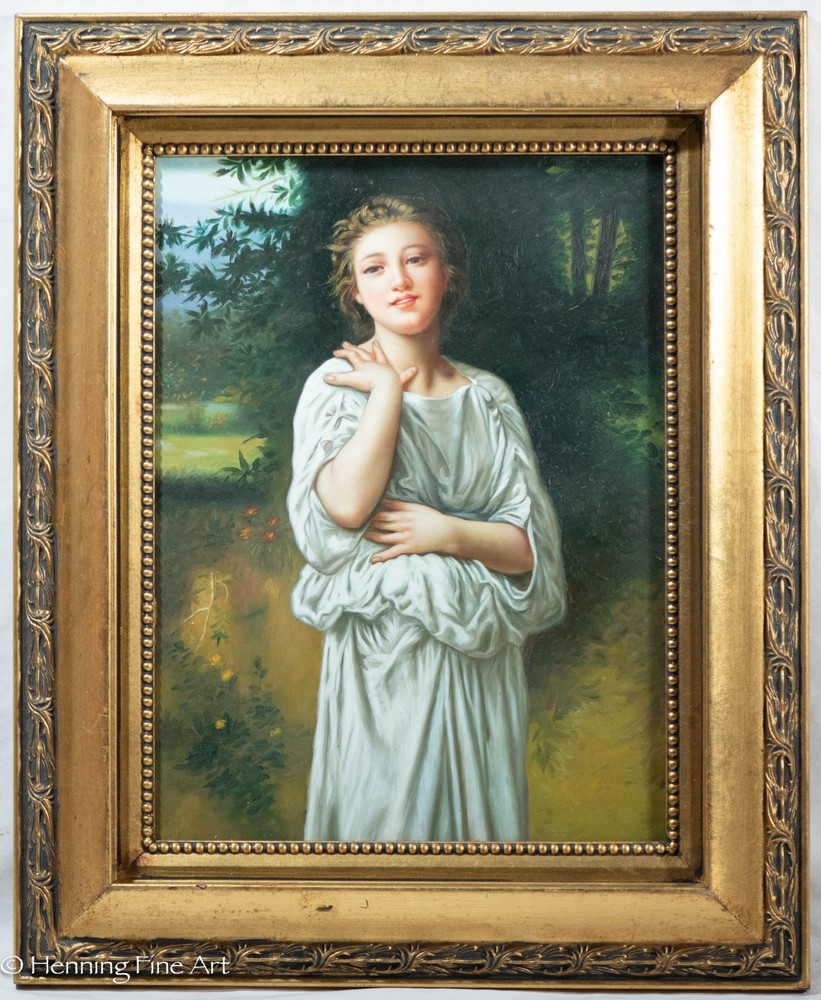 Beautiful Oil Painting of Traditional Female Portrait in White Green Landscape
