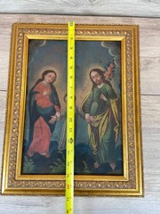 Antique Mexican Retablo Holy Family Jesus Mary Joseph c1850 Oil on Tin Folk Art