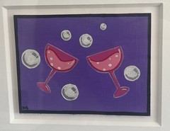 Original Vintage Whimsical Pop Art Painting Signed DG – Cocktail Toast -Framed