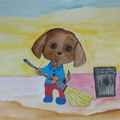 Original Dog Painting Whimsical Cute Animal Art 8×8 Cleaning House Folk Art -GAT