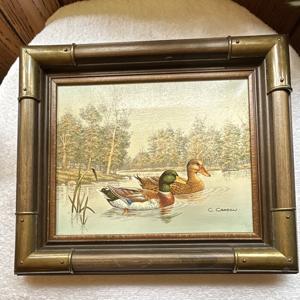C. Carson Signed Framed Ducks Pond Landscape Painting on Canvas, Bamboo Style