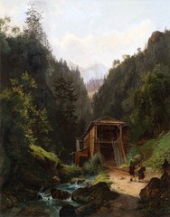 Stunning Oil painting landscape with brook in mountains & people only canvas