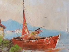Original Acrylic Painting Signed Framed Cottage Boat Lake Retro Vibe 16″ x 12″