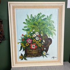 Vintage Boho Flowers and Baskets Art Oil On Canvas With Artist Signature