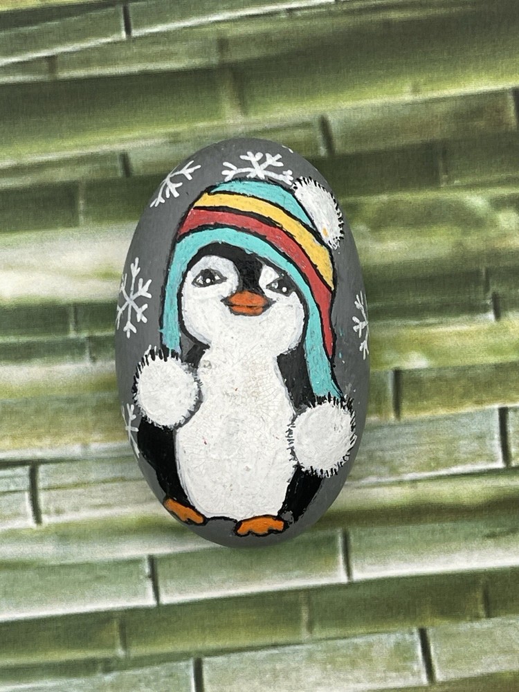 Whimsical Penguin Wearing Snow Hat, Hand Painted Rock, Winter Decor