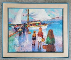 Vintage Mid-Century MODERN Mediterranean OIL PAINTING Canvas SAILBOAT by MANOL