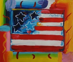 Fine unique painting – Pop art composition, US flag, signed Peter Max